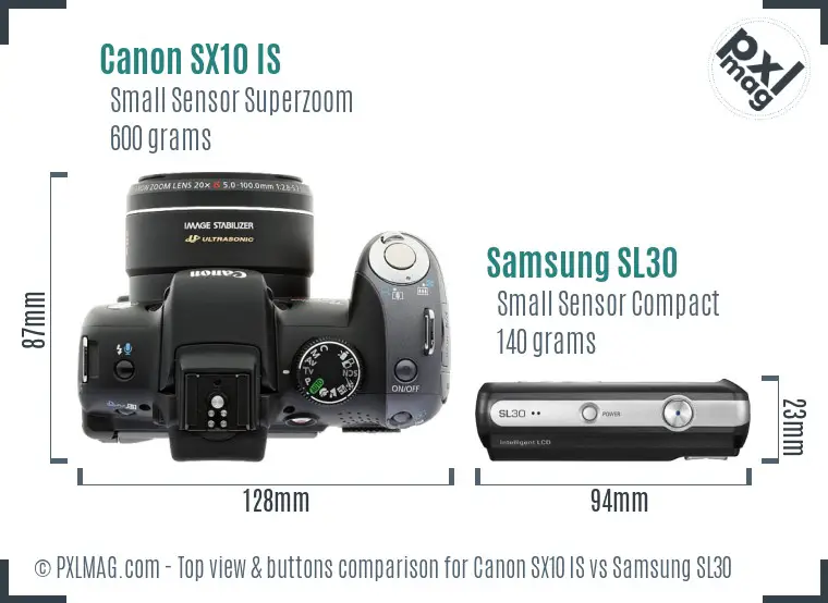 Canon SX10 IS vs Samsung SL30 top view buttons comparison