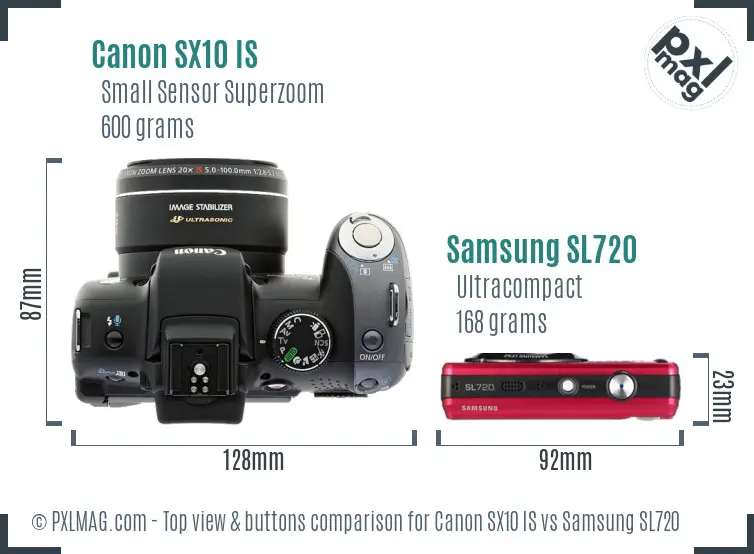 Canon SX10 IS vs Samsung SL720 top view buttons comparison