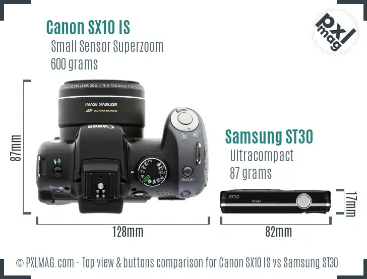 Canon SX10 IS vs Samsung ST30 top view buttons comparison