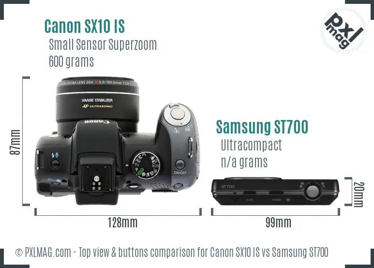 Canon SX10 IS vs Samsung ST700 top view buttons comparison Canon SX10 IS vs Samsung ST700 top view buttons comparison