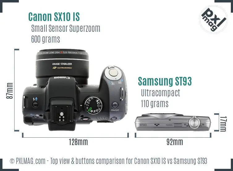 Canon SX10 IS vs Samsung ST93 top view buttons comparison Canon SX10 IS vs Samsung ST93 top view buttons comparison