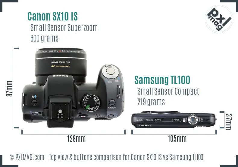 Canon SX10 IS vs Samsung TL100 top view buttons comparison Canon SX10 IS vs Samsung TL100 top view buttons comparison