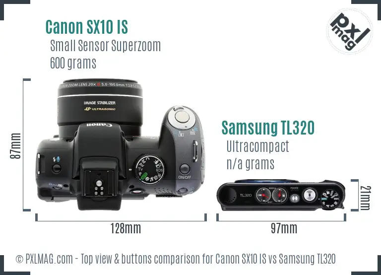 Canon SX10 IS vs Samsung TL320 top view buttons comparison