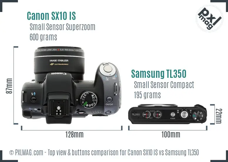 Canon SX10 IS vs Samsung TL350 top view buttons comparison