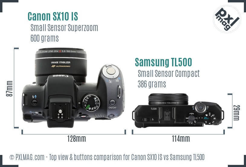 Canon SX10 IS vs Samsung TL500 top view buttons comparison