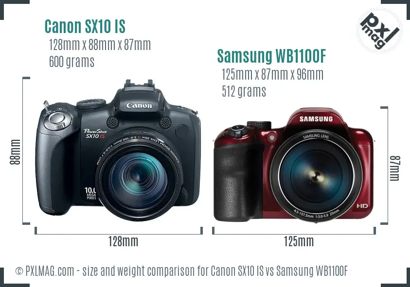 Canon SX10 IS vs Samsung WB1100F size comparison