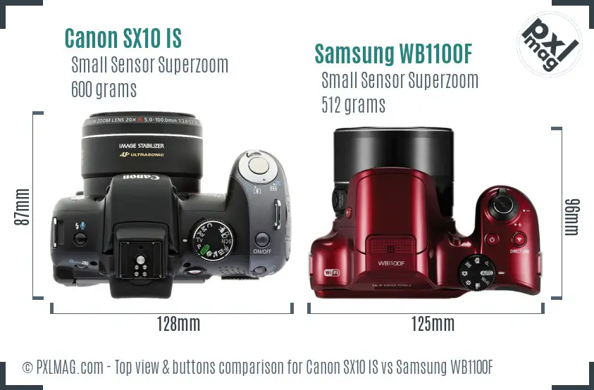 Canon SX10 IS vs Samsung WB1100F top view buttons comparison