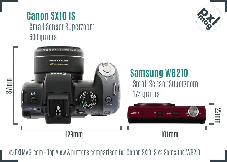 Canon SX10 IS vs Samsung WB210 top view buttons comparison Canon SX10 IS vs Samsung WB210 top view buttons comparison