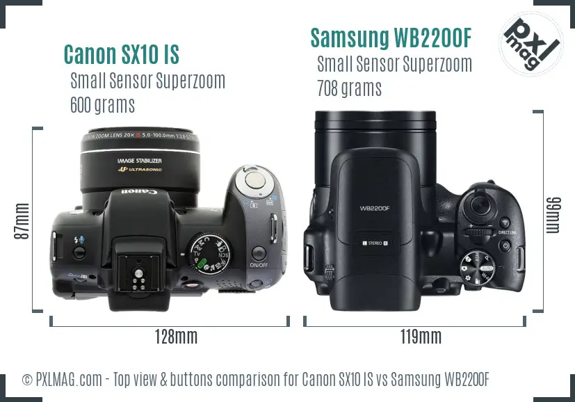 Canon SX10 IS vs Samsung WB2200F top view buttons comparison