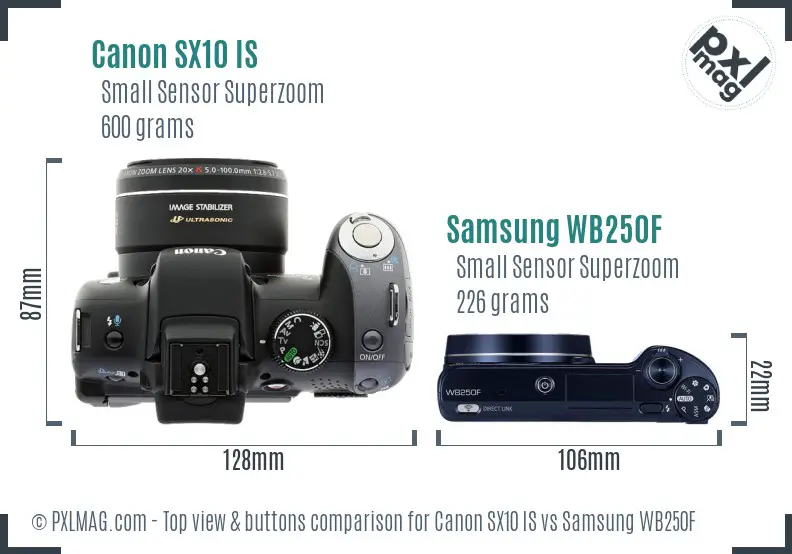 Canon SX10 IS vs Samsung WB250F top view buttons comparison