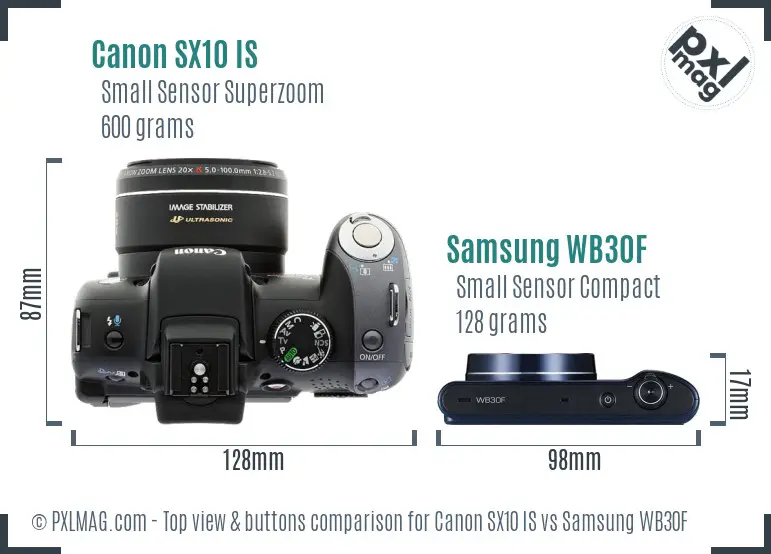 Canon SX10 IS vs Samsung WB30F top view buttons comparison Canon SX10 IS vs Samsung WB30F top view buttons comparison