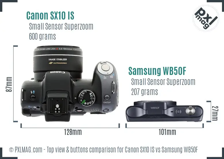 Canon SX10 IS vs Samsung WB50F top view buttons comparison