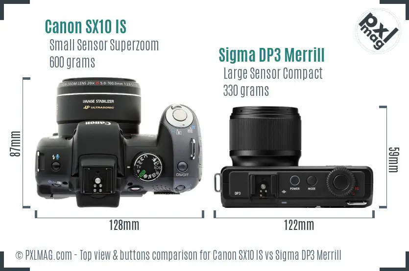 Canon SX10 IS vs Sigma DP3 Merrill top view buttons comparison Canon SX10 IS vs Sigma DP3 Merrill top view buttons comparison
