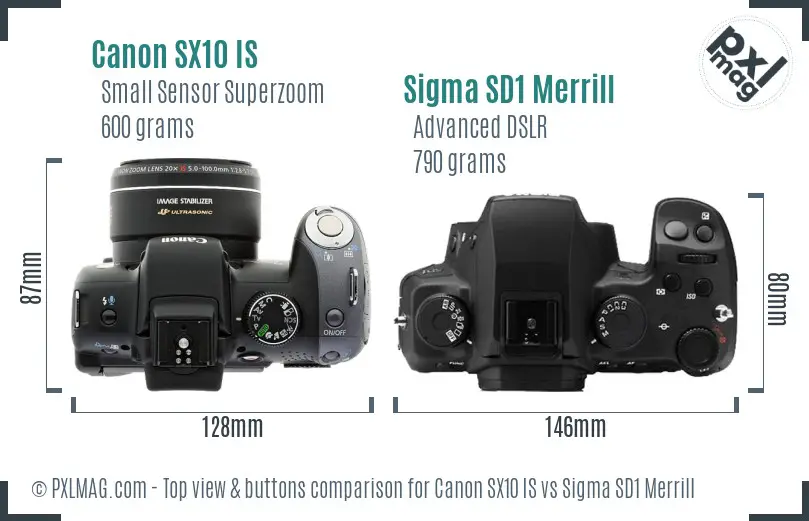 Canon SX10 IS vs Sigma SD1 Merrill top view buttons comparison