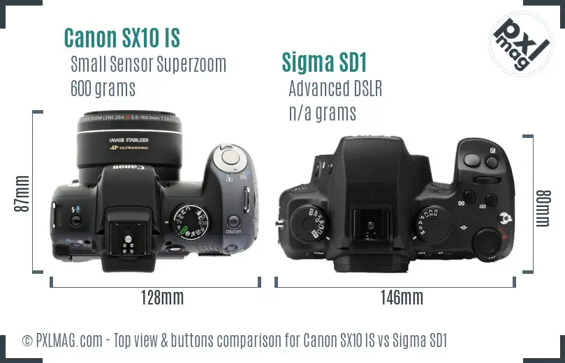 Canon SX10 IS vs Sigma SD1 top view buttons comparison