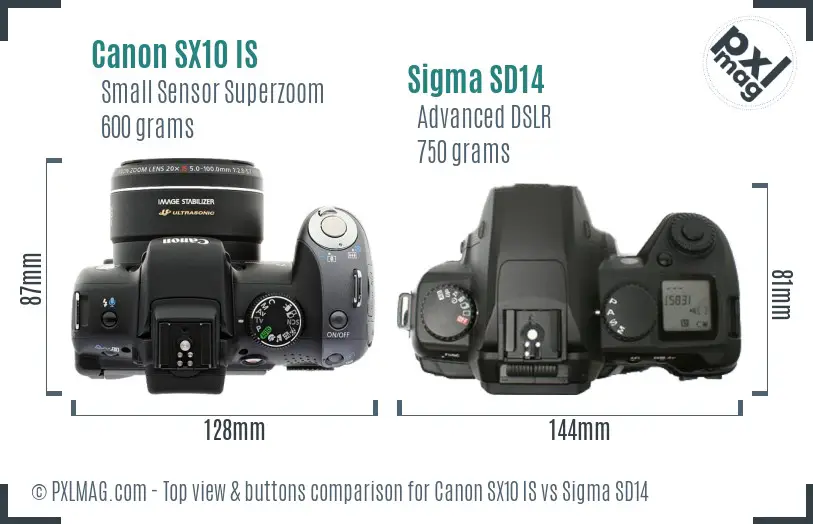 Canon SX10 IS vs Sigma SD14 top view buttons comparison