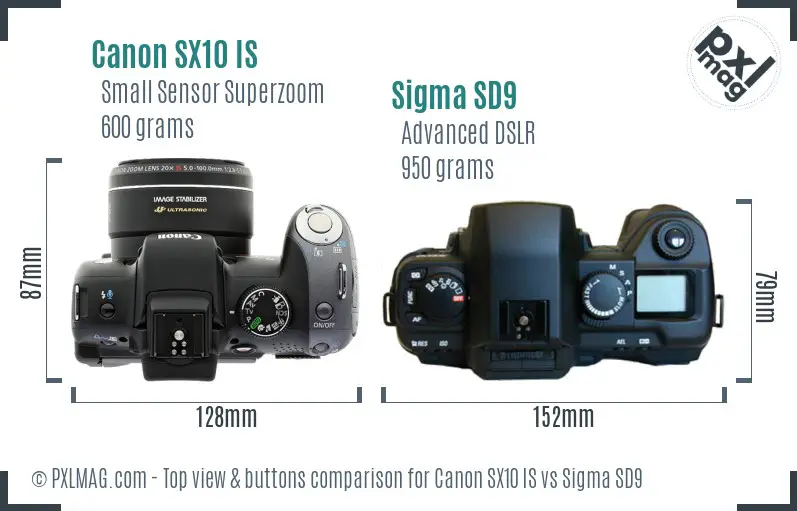 Canon SX10 IS vs Sigma SD9 top view buttons comparison