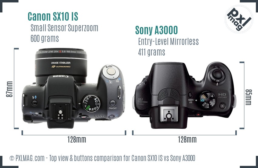 Canon SX10 IS vs Sony A3000 top view buttons comparison