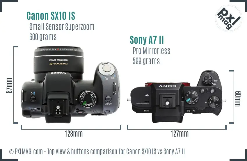 Canon SX10 IS vs Sony A7 II top view buttons comparison