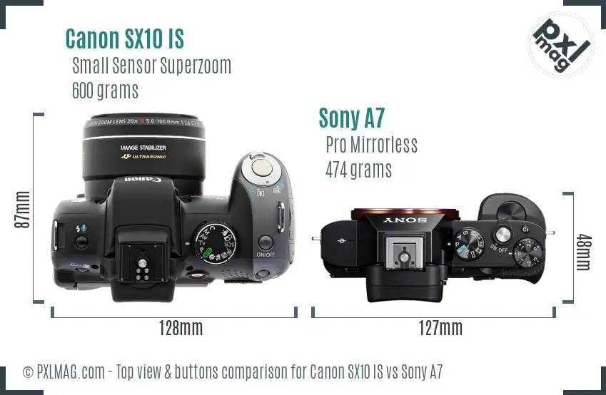 Canon SX10 IS vs Sony A7 top view buttons comparison