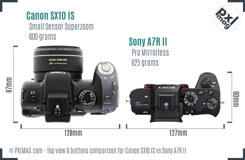 Canon SX10 IS vs Sony A7R II top view buttons comparison
