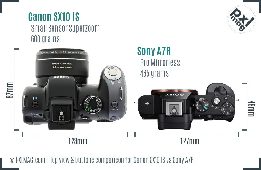 Canon SX10 IS vs Sony A7R top view buttons comparison