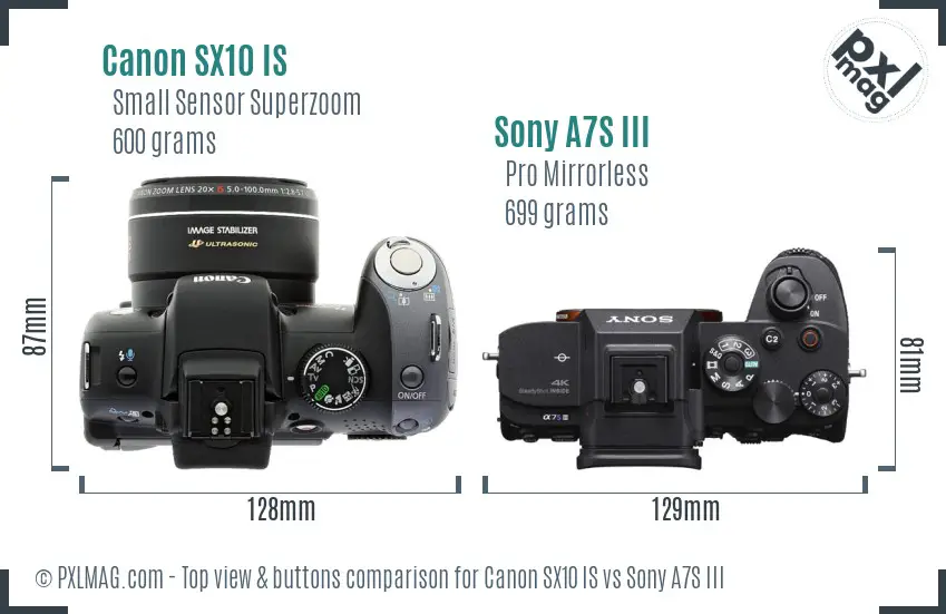 Canon SX10 IS vs Sony A7S III top view buttons comparison Canon SX10 IS vs Sony A7S III top view buttons comparison