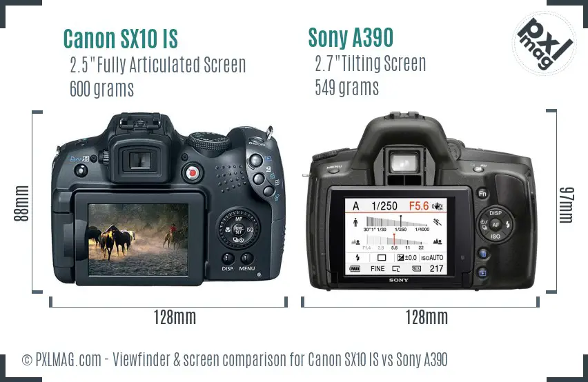 Canon SX10 IS vs Sony A390 Screen and Viewfinder comparison