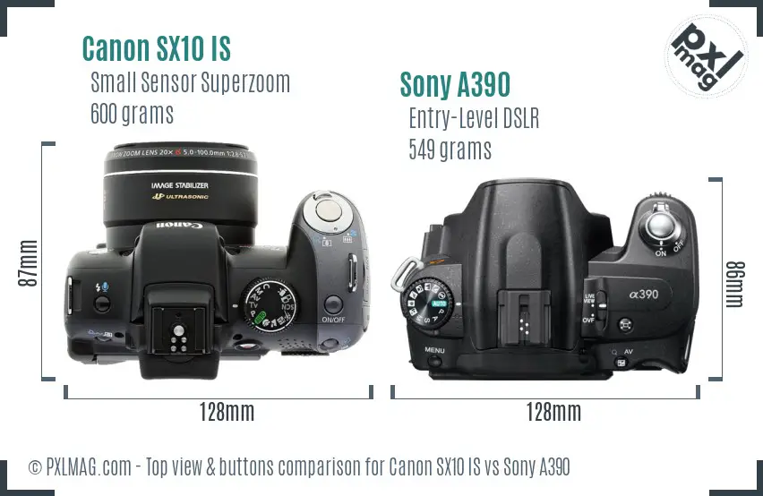 Canon SX10 IS vs Sony A390 top view buttons comparison