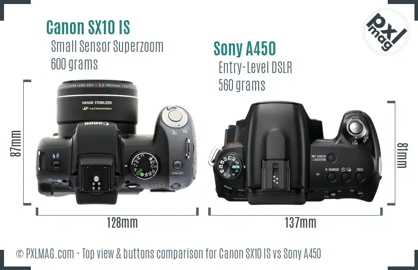 Canon SX10 IS vs Sony A450 top view buttons comparison