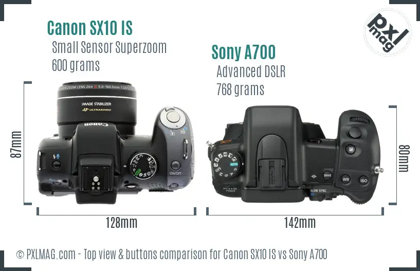 Canon SX10 IS vs Sony A700 top view buttons comparison