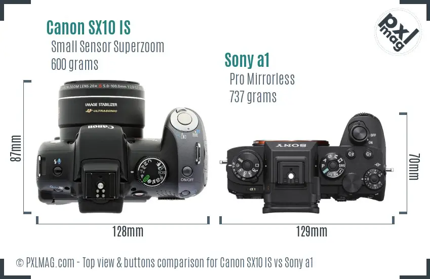 Canon SX10 IS vs Sony a1 top view buttons comparison