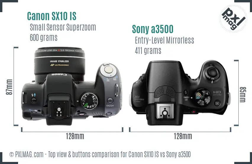 Canon SX10 IS vs Sony a3500 top view buttons comparison