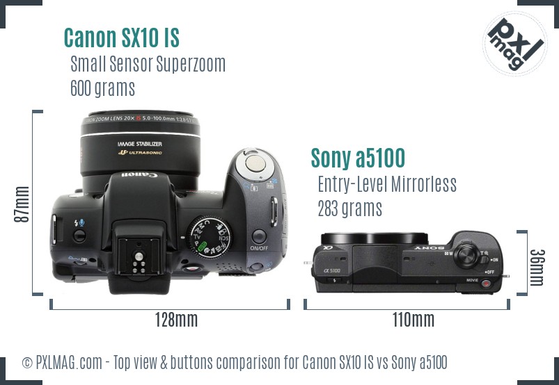 Canon SX10 IS vs Sony a5100 top view buttons comparison