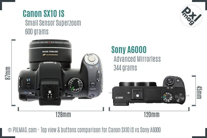 Canon SX10 IS vs Sony A6000 top view buttons comparison