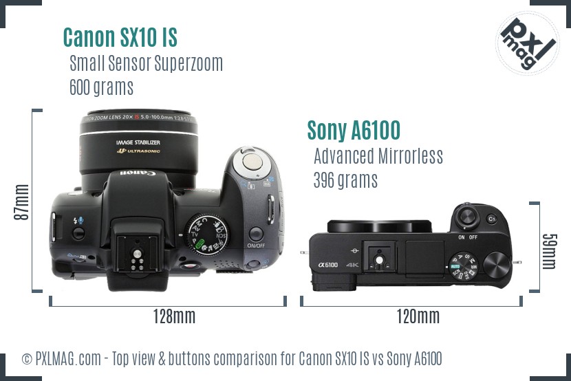 Canon SX10 IS vs Sony A6100 top view buttons comparison