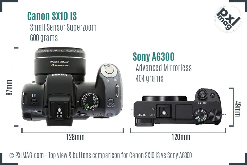 Canon SX10 IS vs Sony A6300 top view buttons comparison Canon SX10 IS vs Sony A6300 top view buttons comparison