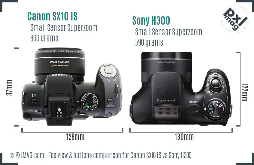 Canon SX10 IS vs Sony H300 top view buttons comparison