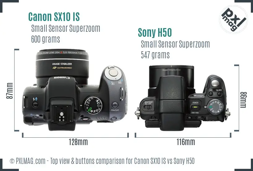 Canon SX10 IS vs Sony H50 top view buttons comparison