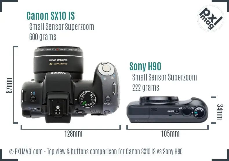 Canon SX10 IS vs Sony H90 top view buttons comparison Canon SX10 IS vs Sony H90 top view buttons comparison
