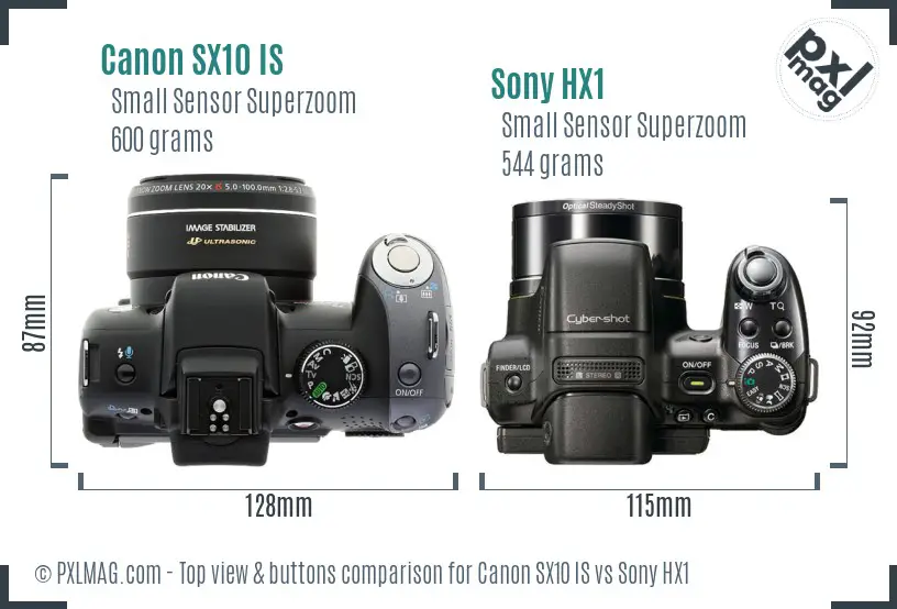 Canon SX10 IS vs Sony HX1 top view buttons comparison