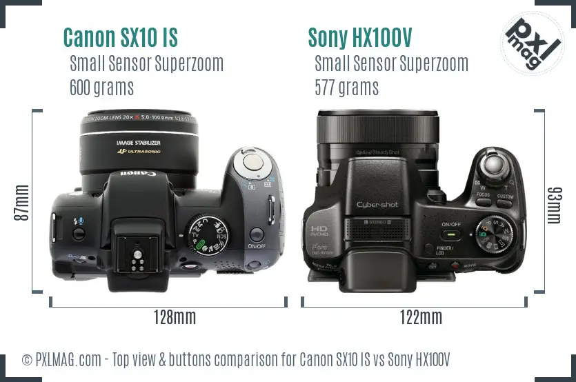 Canon SX10 IS vs Sony HX100V top view buttons comparison