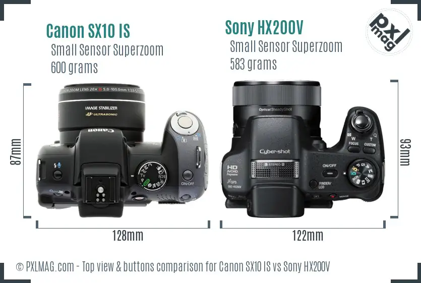 Canon SX10 IS vs Sony HX200V top view buttons comparison