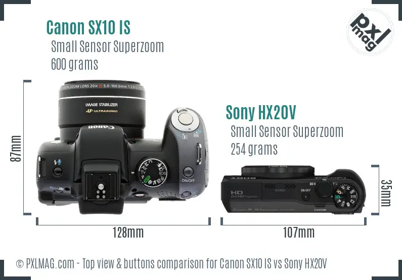 Canon SX10 IS vs Sony HX20V top view buttons comparison