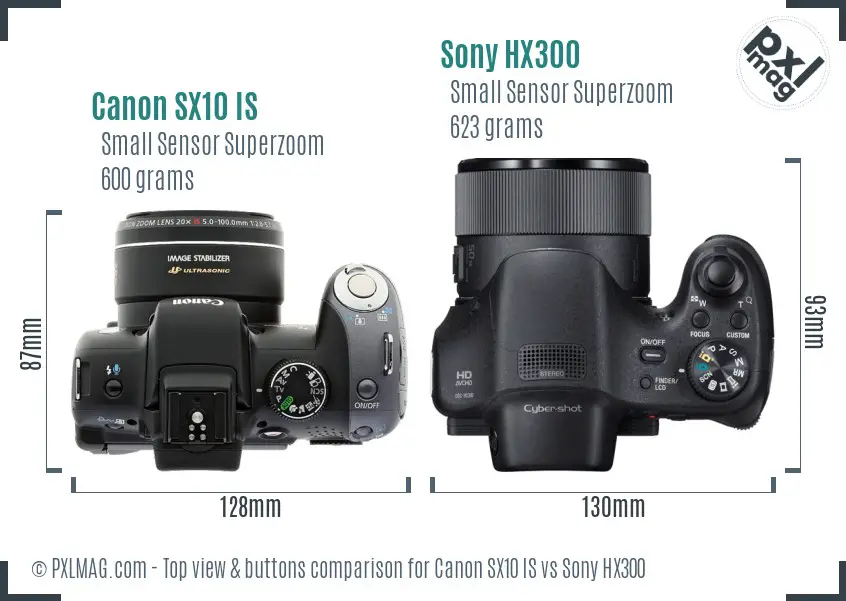 Canon SX10 IS vs Sony HX300 top view buttons comparison