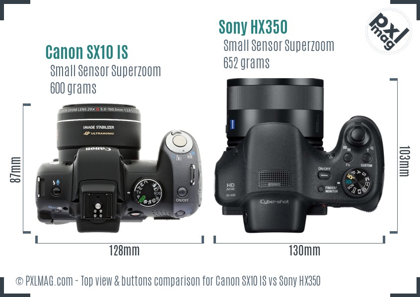Canon SX10 IS vs Sony HX350 top view buttons comparison