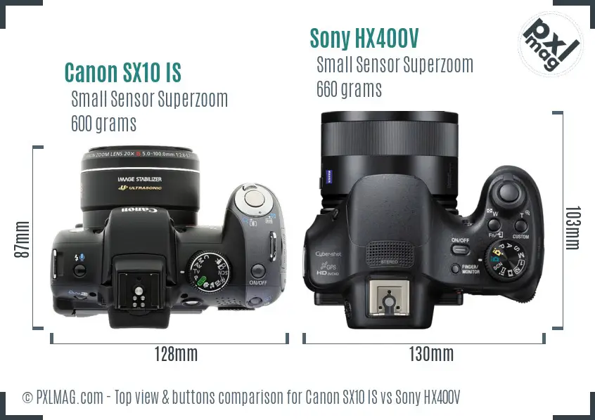 Canon SX10 IS vs Sony HX400V top view buttons comparison