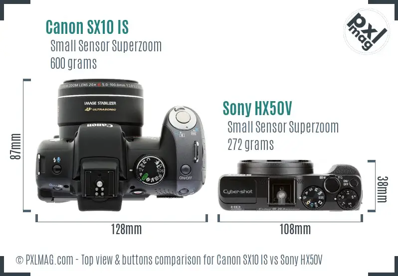 Canon SX10 IS vs Sony HX50V top view buttons comparison Canon SX10 IS vs Sony HX50V top view buttons comparison