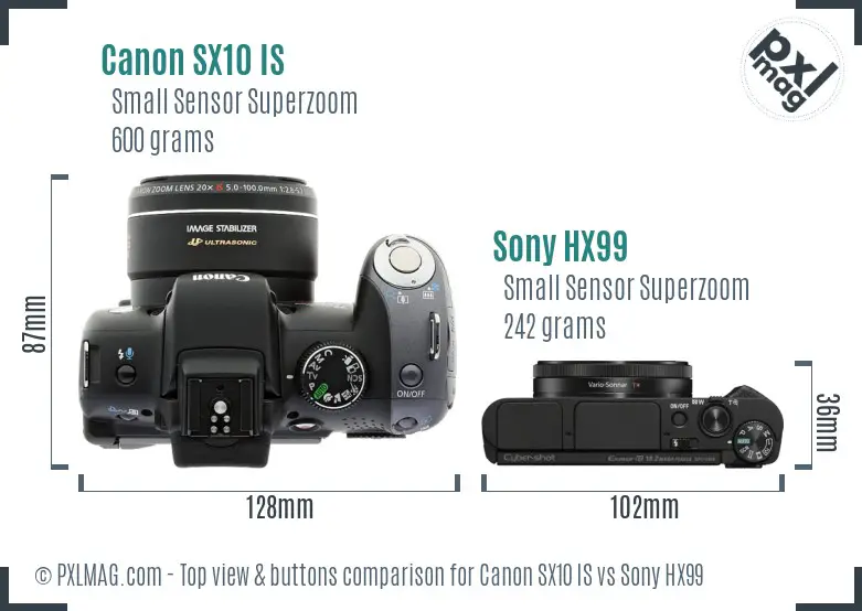 Canon SX10 IS vs Sony HX99 top view buttons comparison