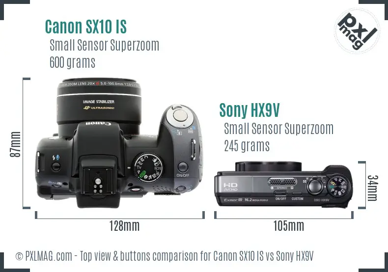 Canon SX10 IS vs Sony HX9V top view buttons comparison